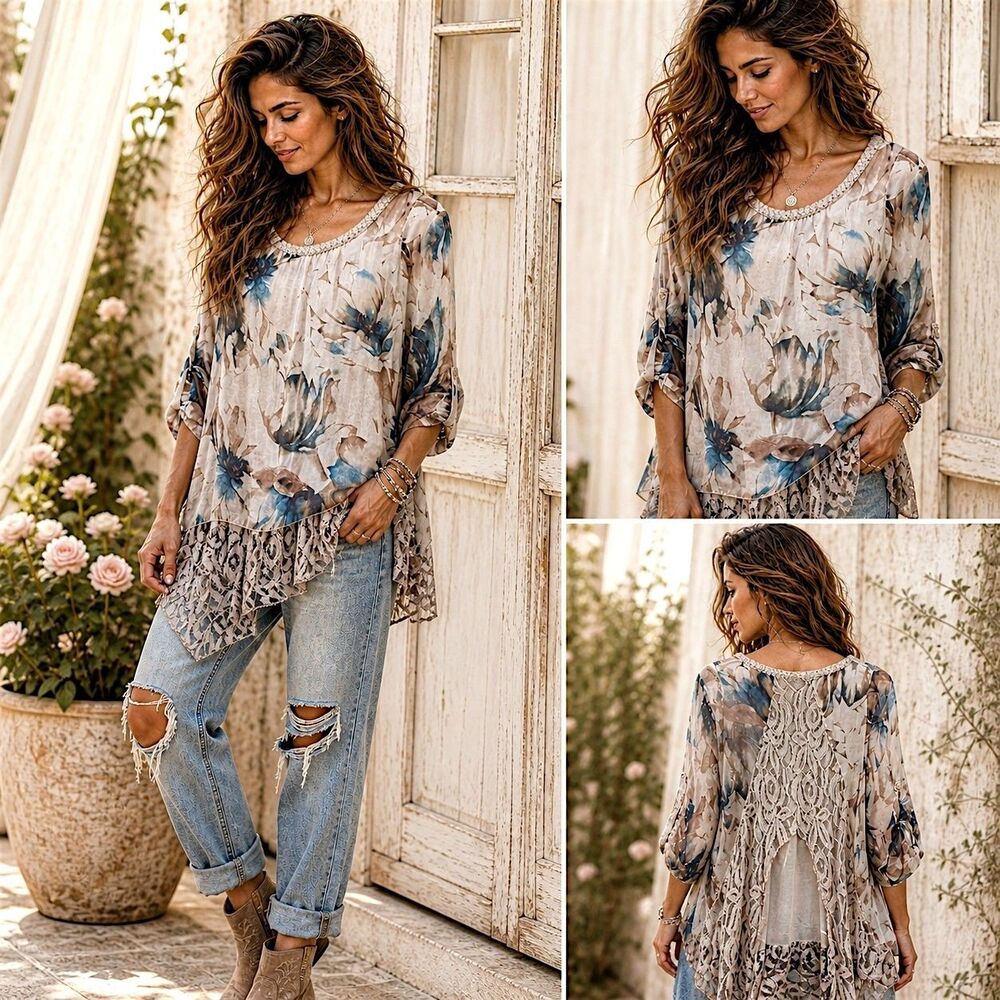 Cottagecore S Lace Tempo Paris Grey Blue Coquette Floral Tunic Top Boho Romantic